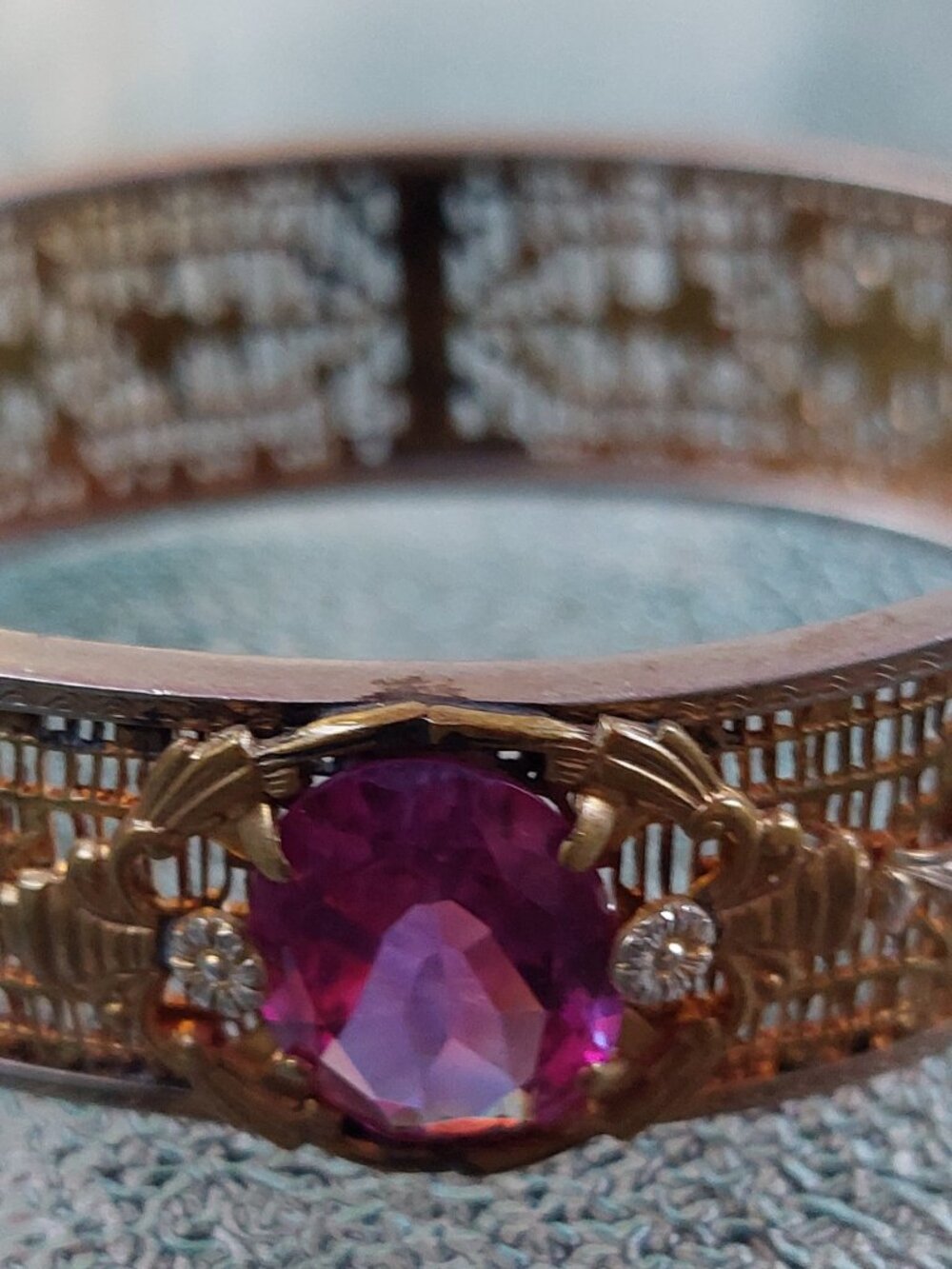 Vintage 1930s Romer Quality Art Deco Two Tone Filigree Bangle Bracelet Pink Ston